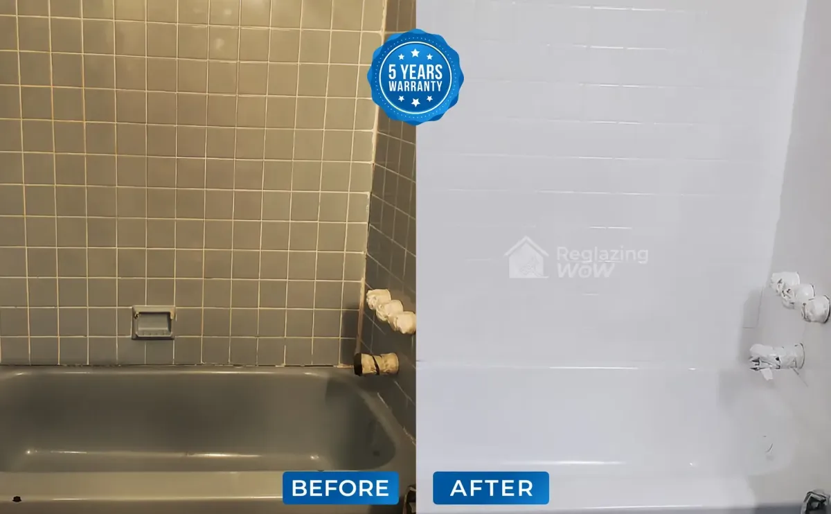 Before and after bathtub and tile reglazing in Toronto – professional refinishing restoring a worn-out tub and tiles to a glossy, like-new finish.